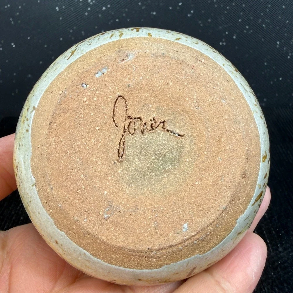 Joan Signed Studio Pottery Bud Vase Speckled Brown Tan Stoneware 3 Inch Small